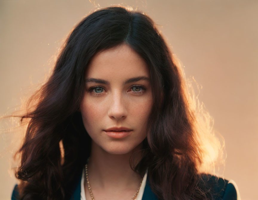 Portrait of Woman with Dark Hair and Blue Eyes in Navy Blue Outfit