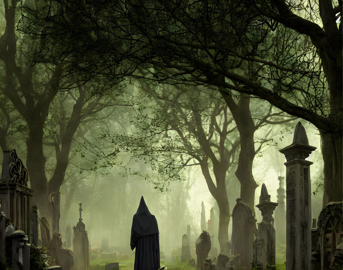 Misty graveyard scene with cloaked figure and ancient tombstones