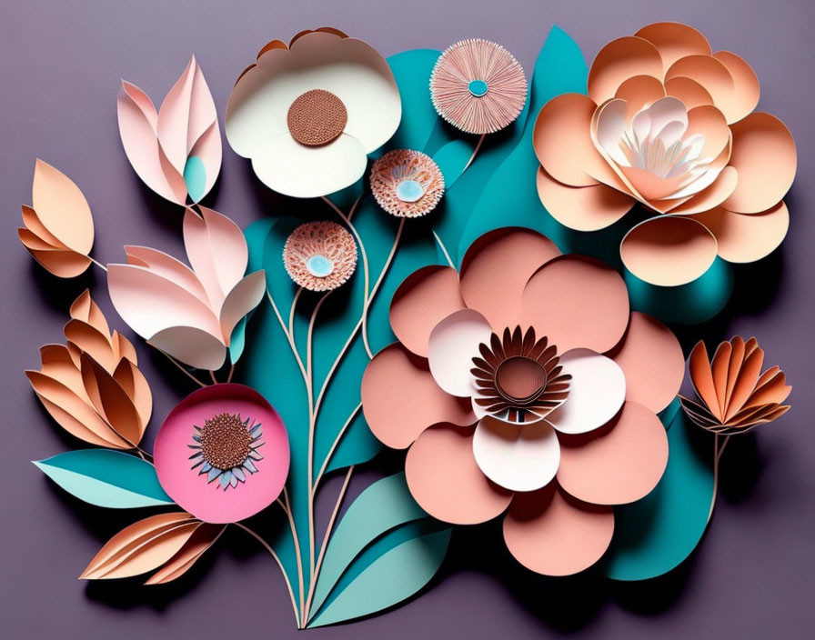 Colorful 3D paper art flowers on purple background