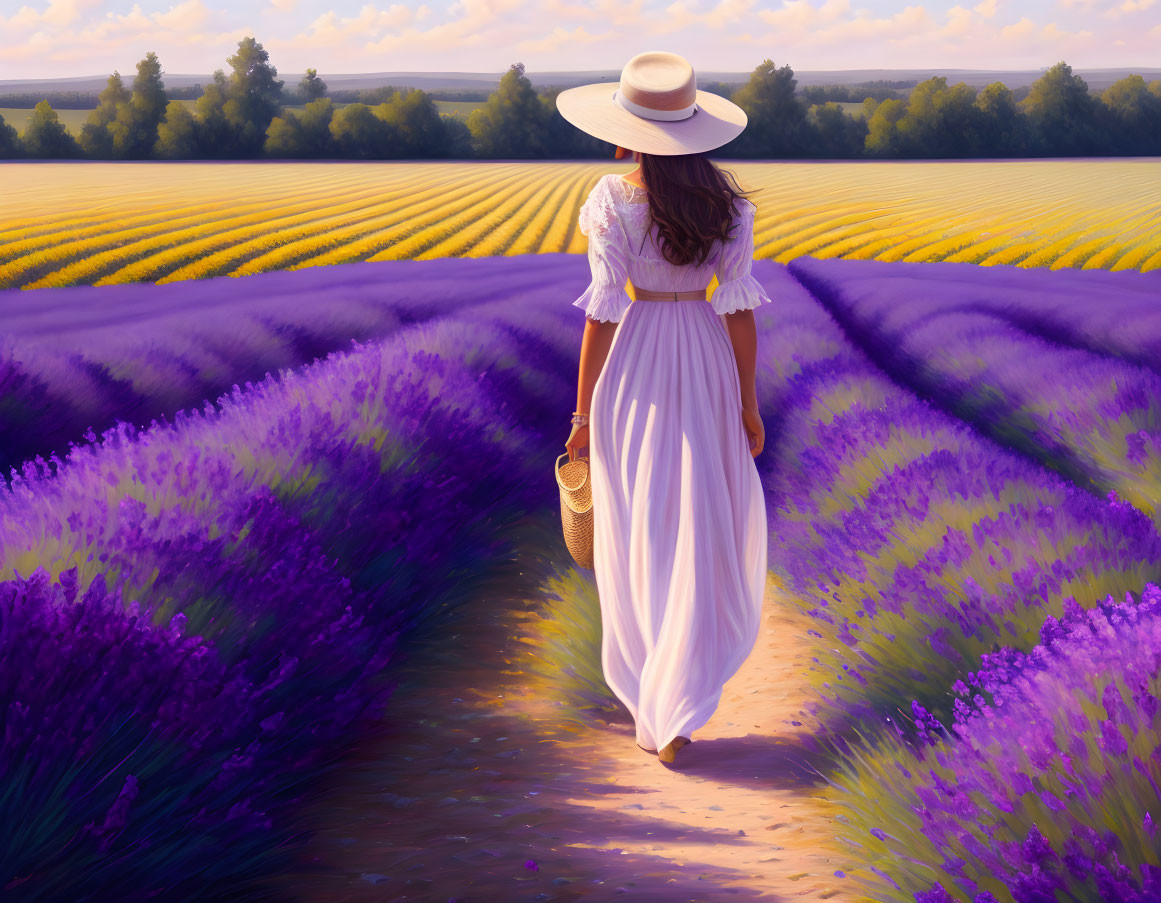 Woman in white dress and hat walking in vibrant lavender field