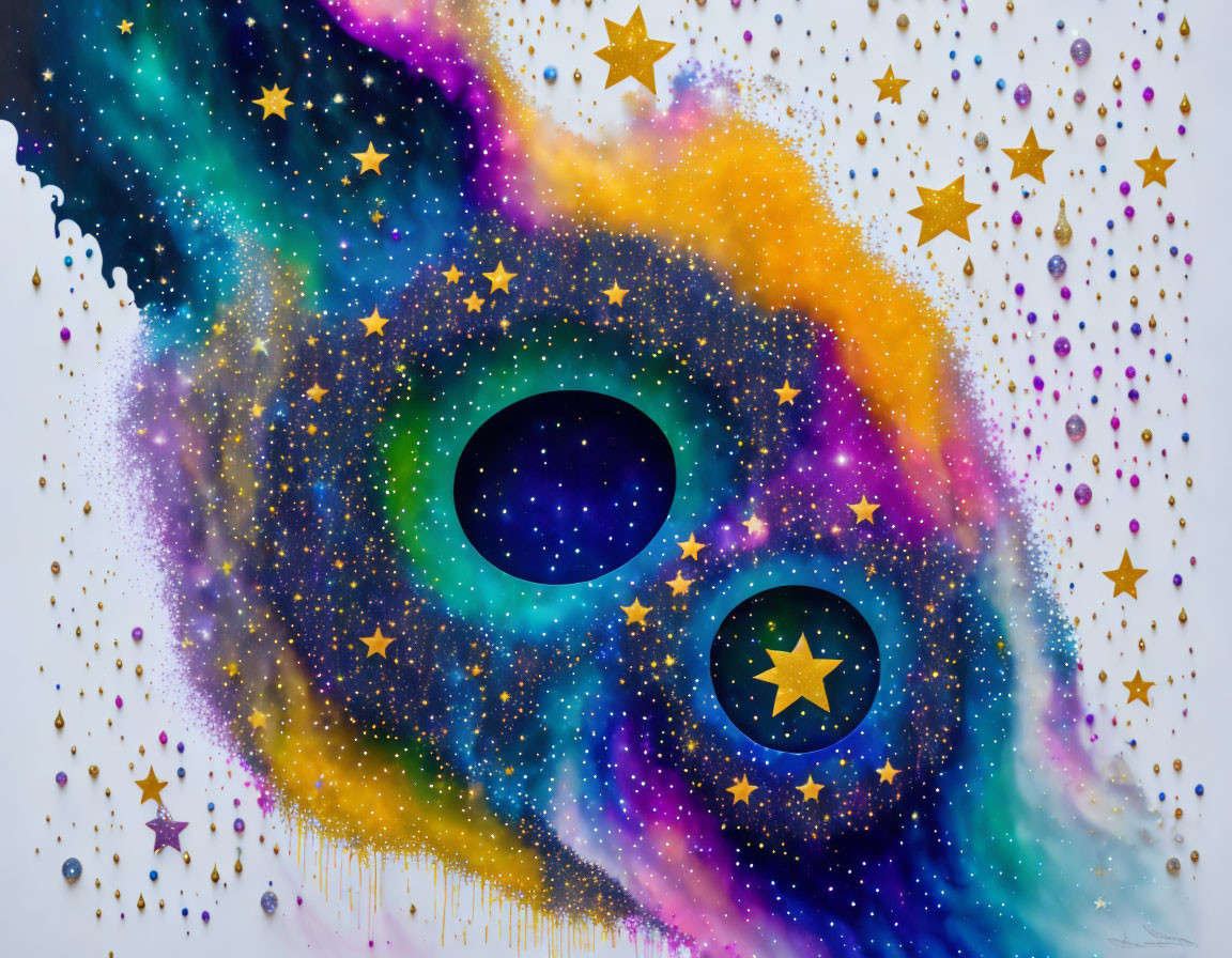 Vibrant cosmic-themed artwork with swirling galaxy pattern and blue circles