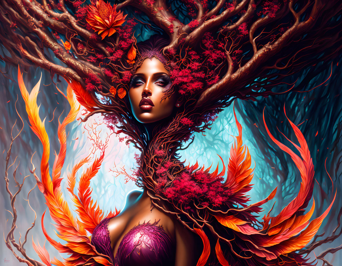 Digital artwork featuring woman merging with nature elements