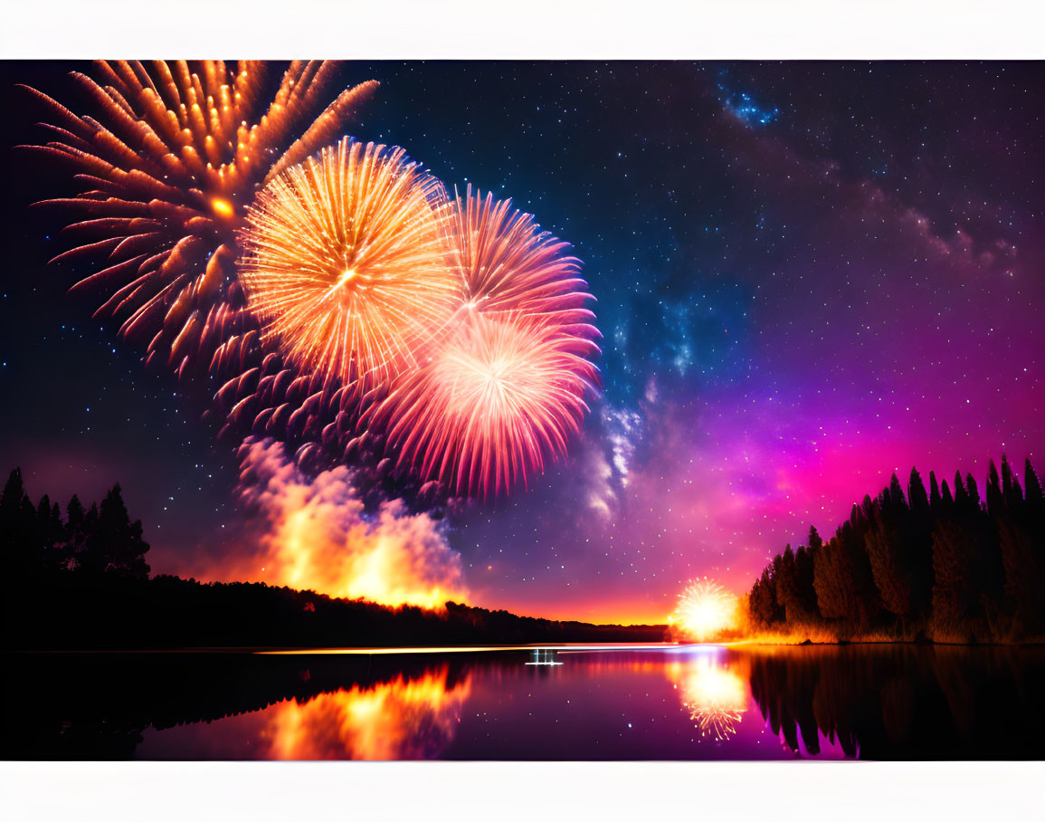 Colorful fireworks illuminate night sky over calm lake and silhouetted trees