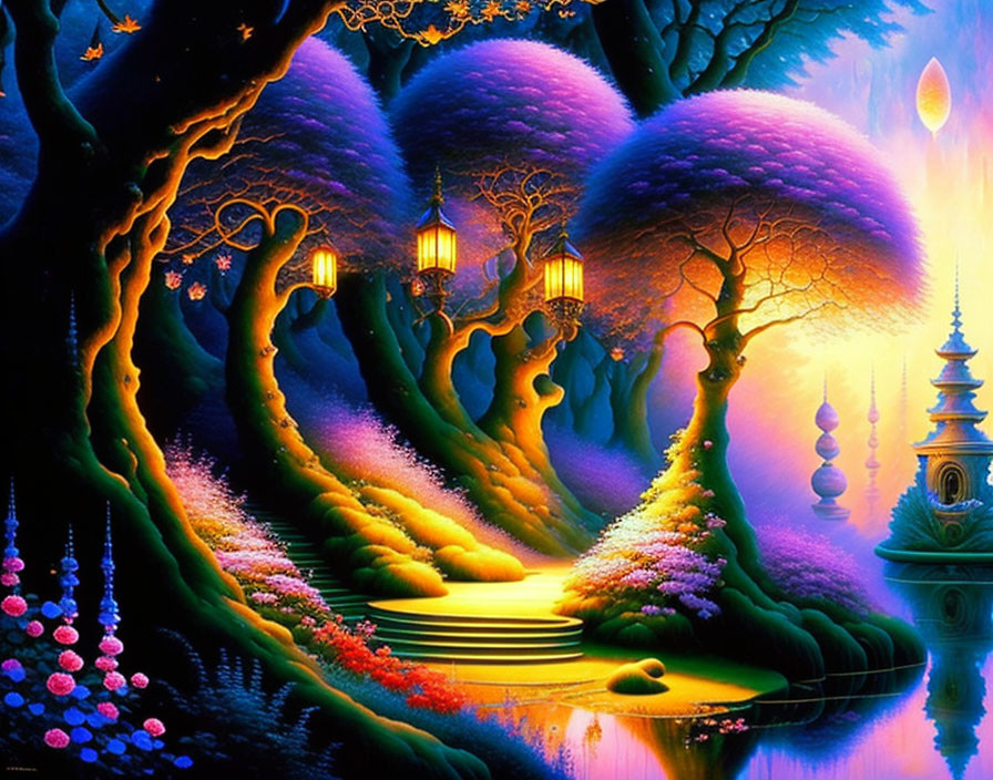 Colorful fantasy landscape with glowing trees, lanterns, pond, and whimsical architecture