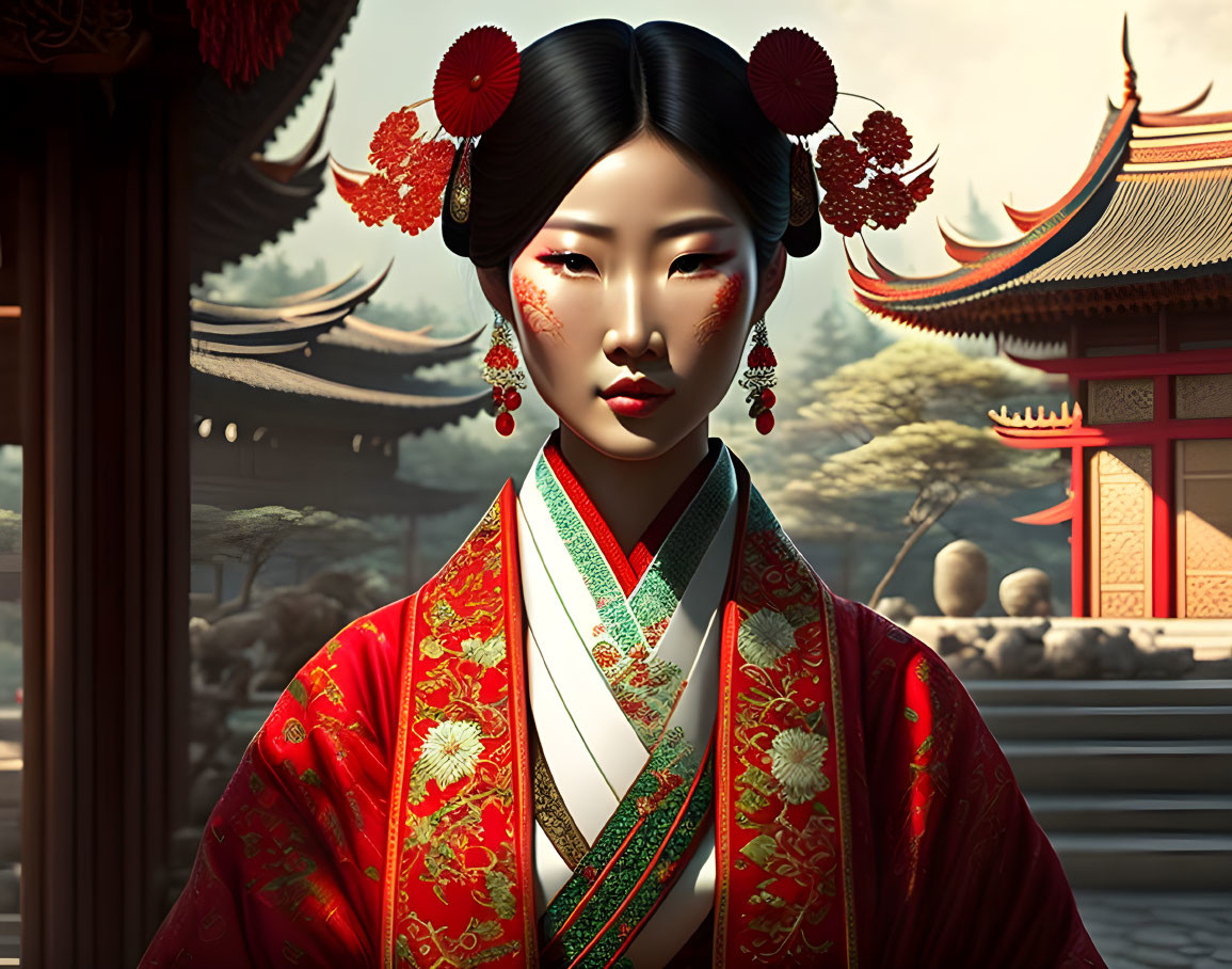 Digital illustration of woman in East Asian attire against temple backdrop