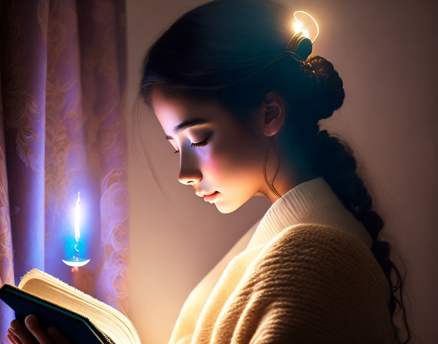 Woman in warm sweater reading book by candlelight