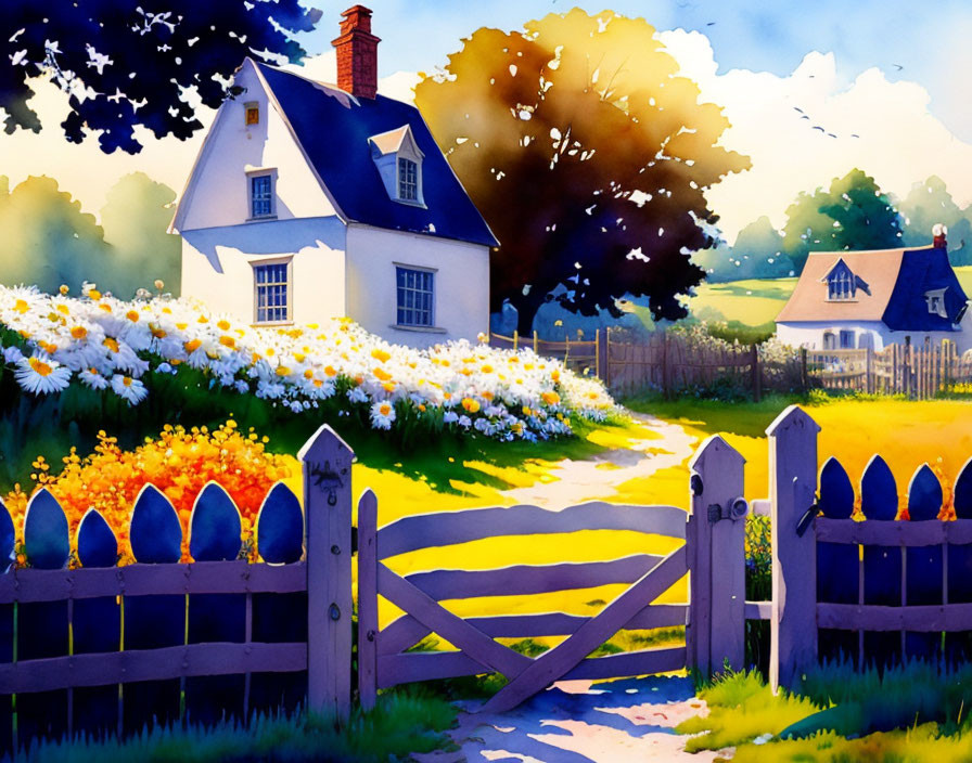 Vibrant rural illustration with quaint house, flowers, fence, and sunlit path