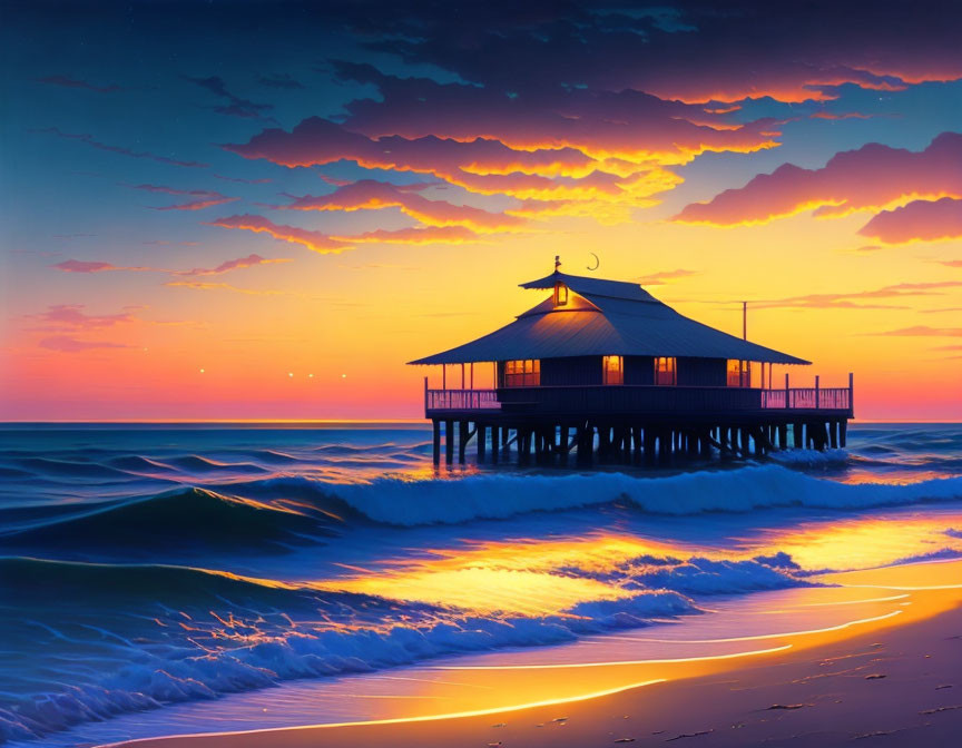 Vibrant beach scene at sunset with pier house, orange and blue skies, reflective water, and