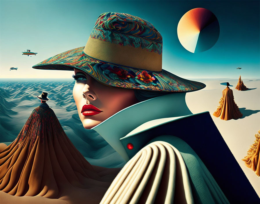 Illustration of woman with striking makeup in large hat on surreal coastal landscape