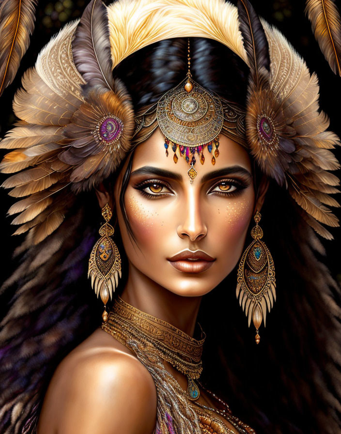 Detailed digital artwork: Woman in feather headdress with golden jewelry