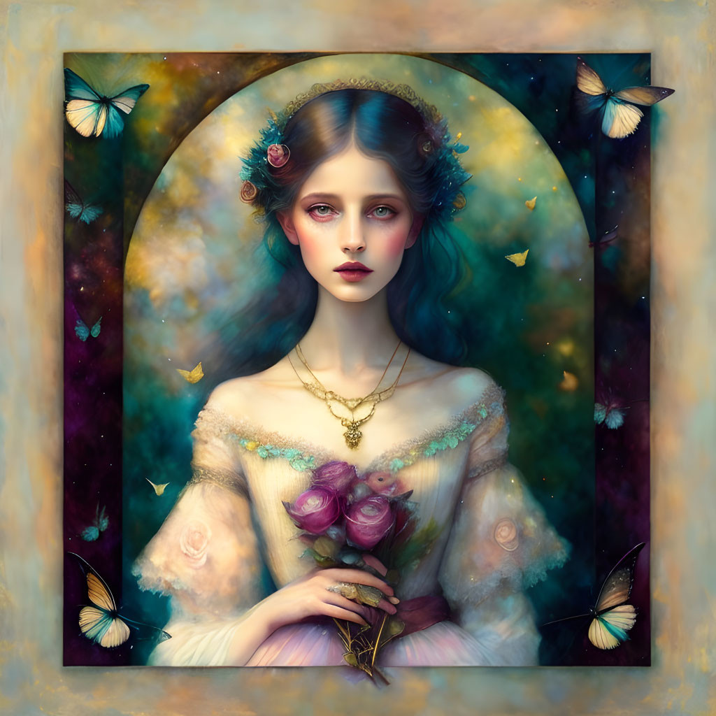 Ethereal young woman with flowers, butterflies, and celestial backdrop