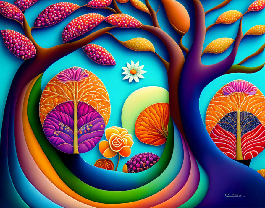 Colorful painting of trees, hills, and flowers on vibrant background