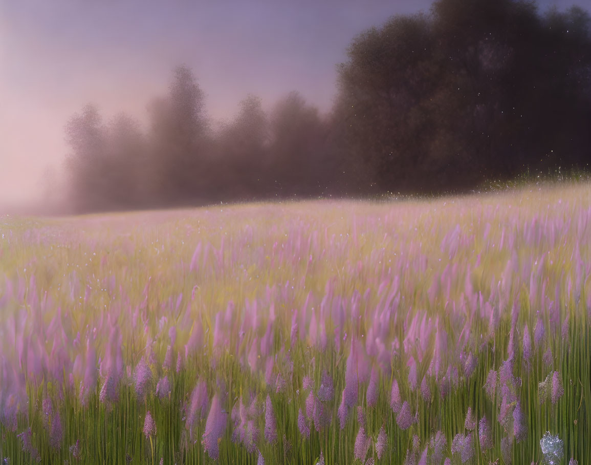 Purple flower field under pastel sky with misty trees: A dreamy landscape