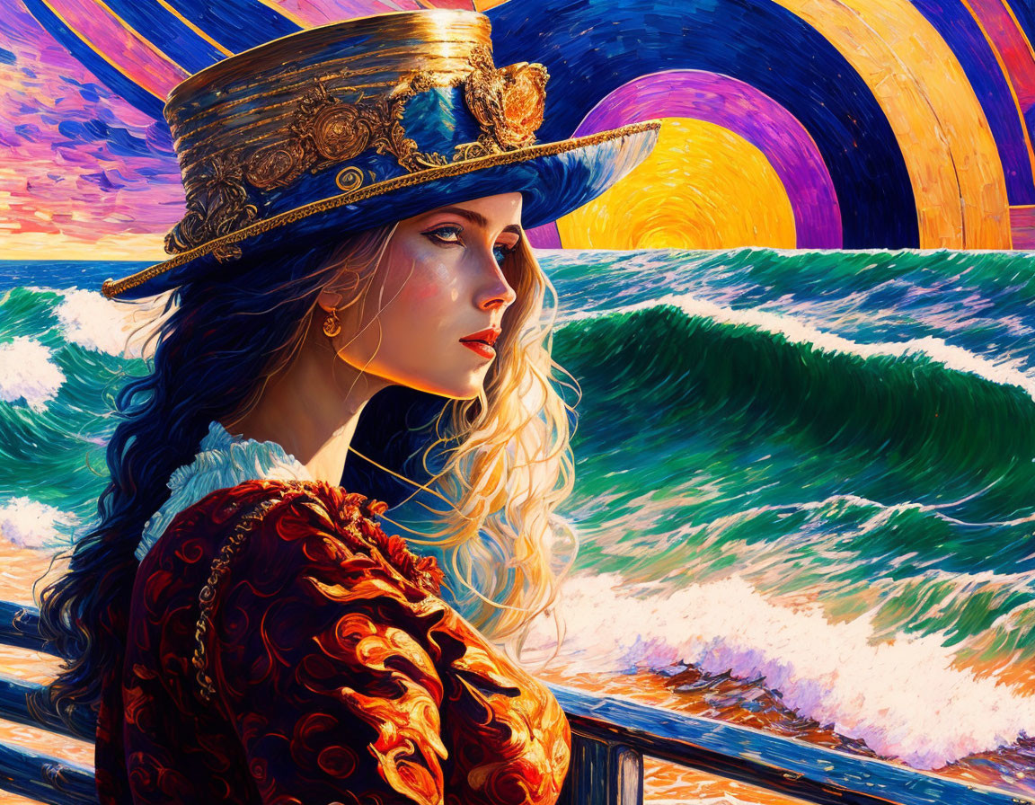 Woman in Decorated Hat Contemplating Vibrant Seascape