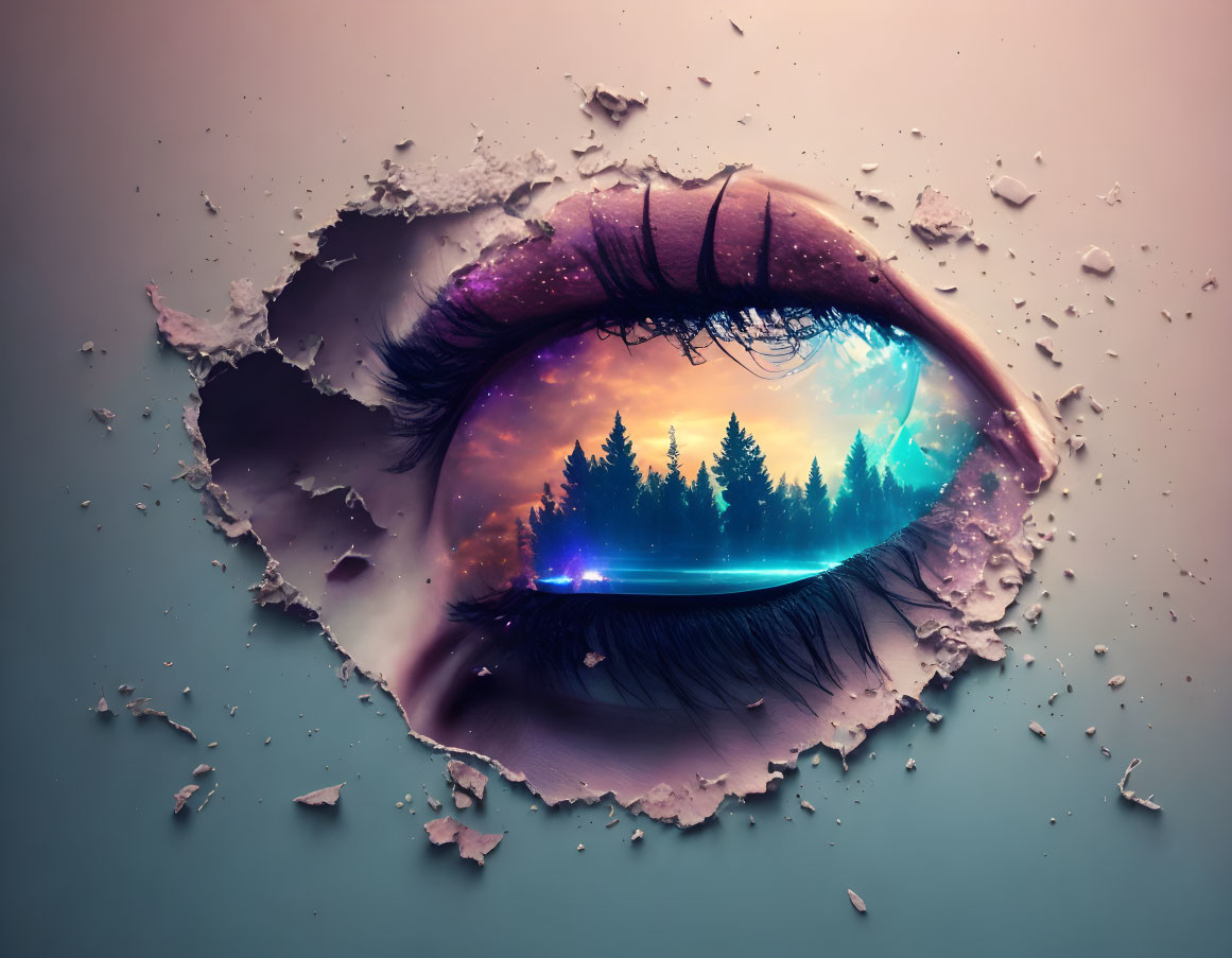 Surreal human eye with night forest and stars reflected in broken surface