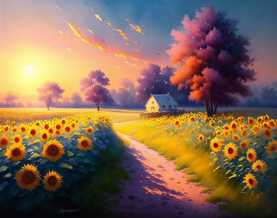 Vibrant sunflower field painting at sunset with path to house