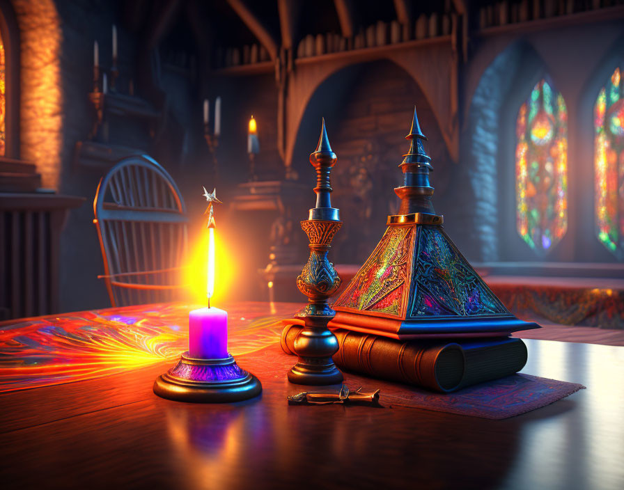 Enchanting library scene with candlelit table and magical book