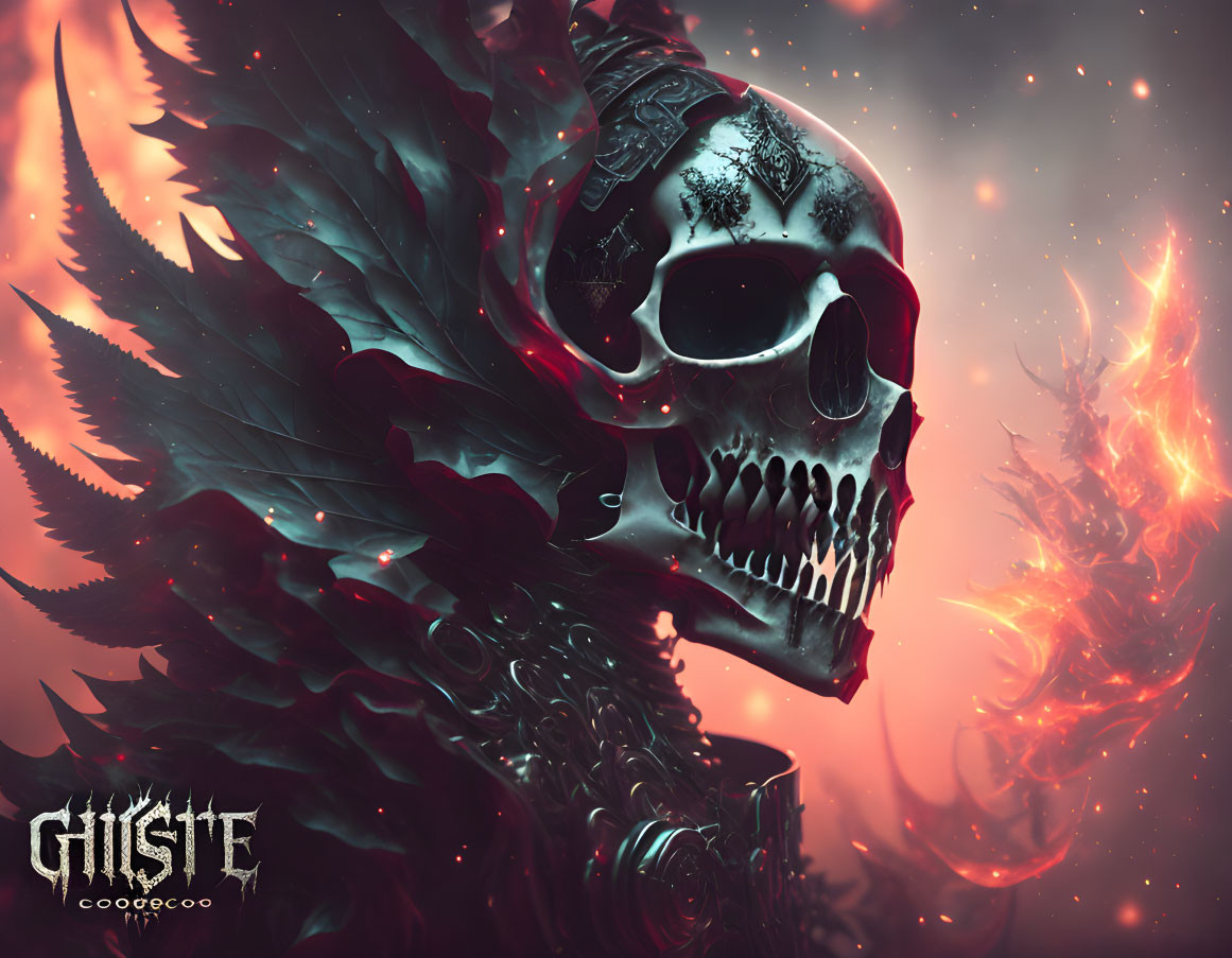 Digital artwork: Dark skull with ornate patterns in fiery setting