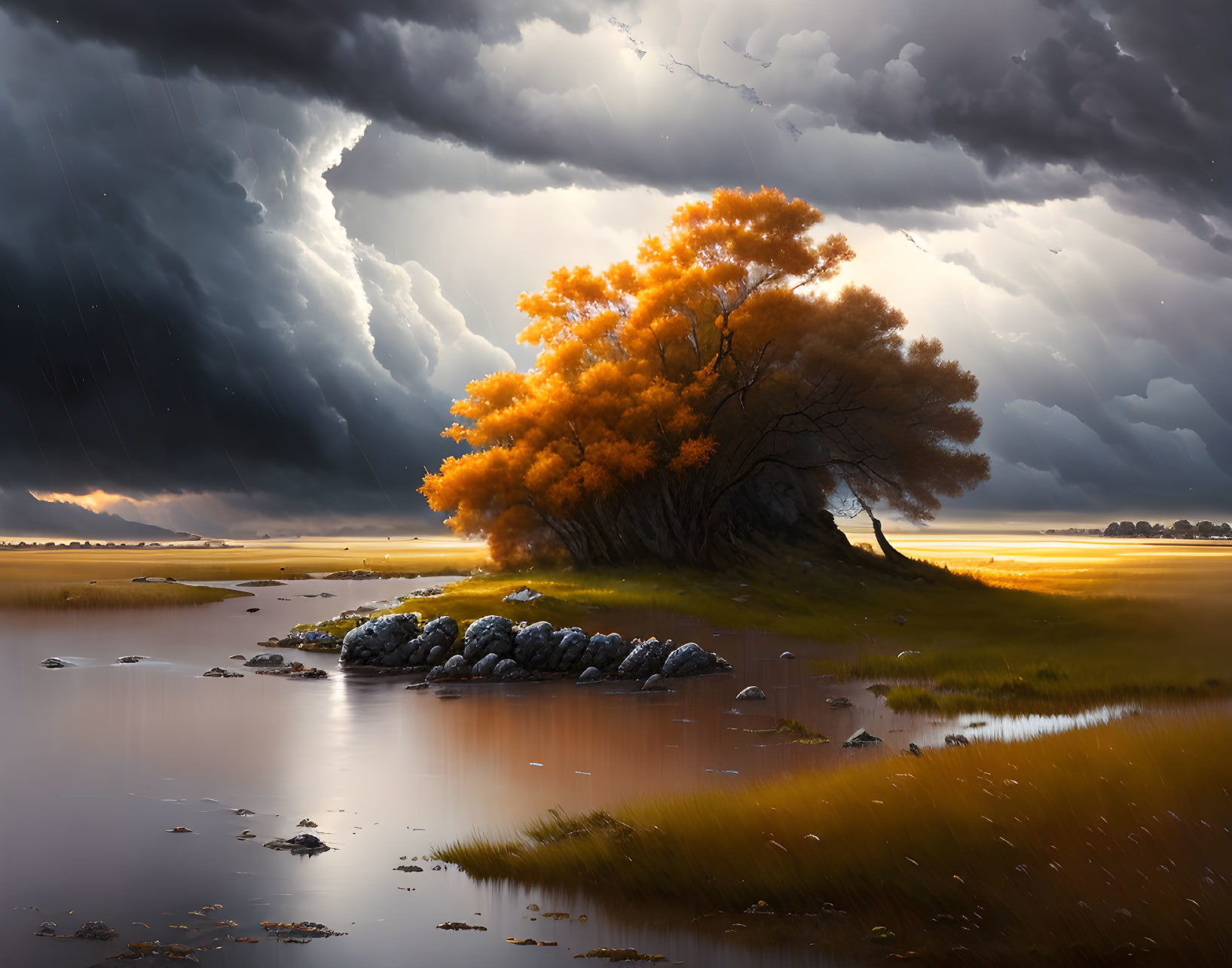 Lone orange-leaved tree on mound with storm clouds and sunlight.