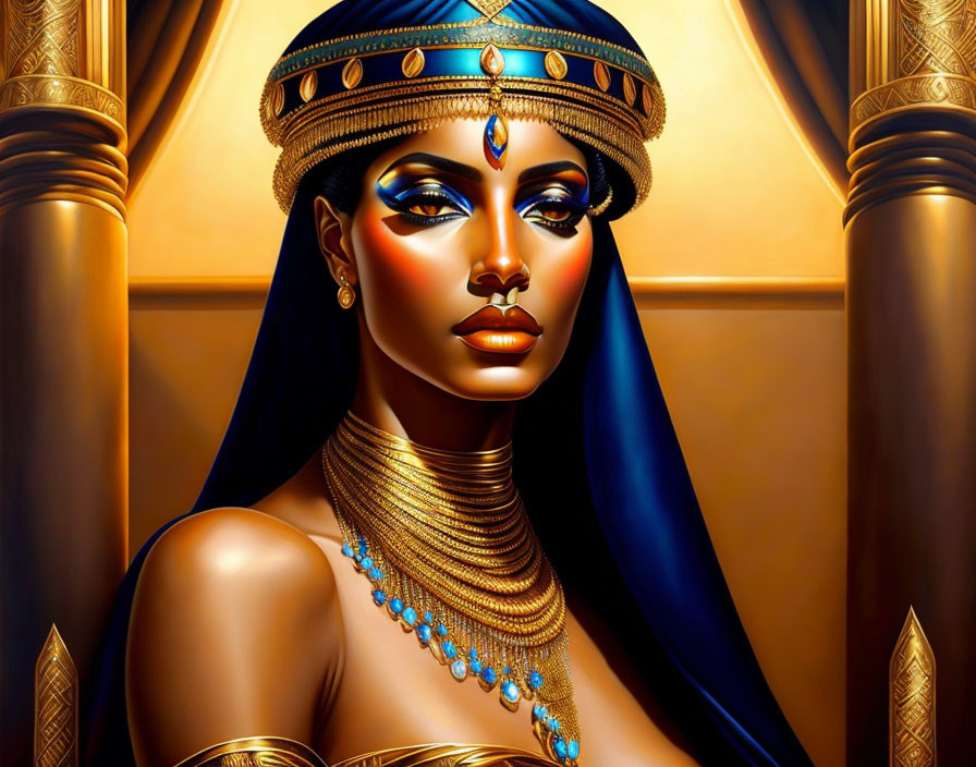 Illustrated portrait of Egyptian queen with golden headdress and blue gemstones