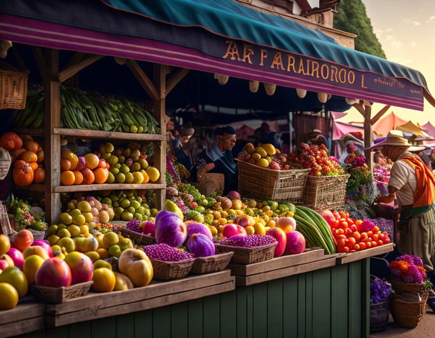 Colorful Fruit Market Stall with Canopy and People Interacting