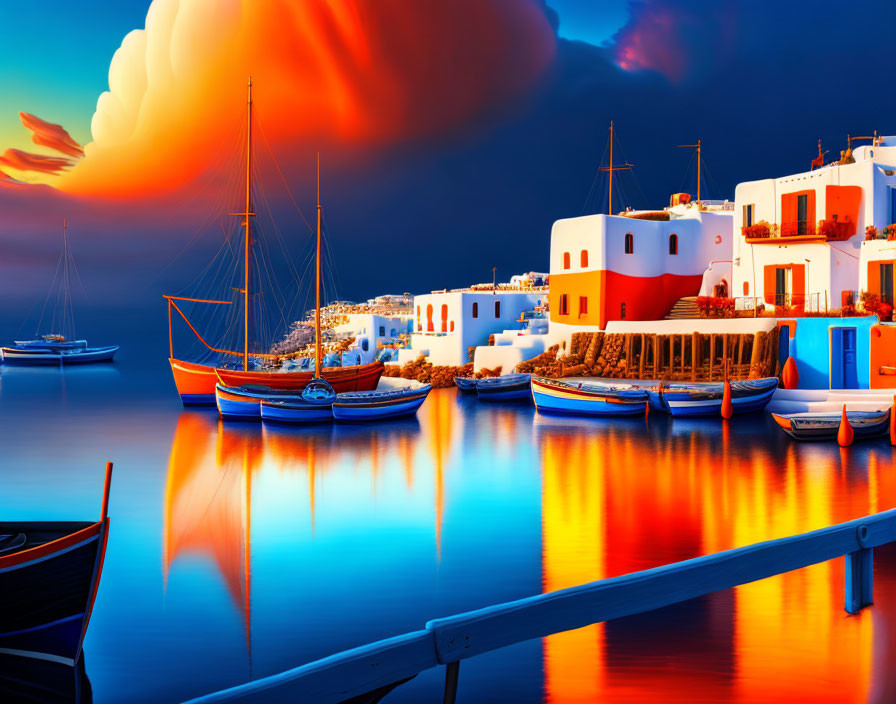 Coastal sunset scene with white buildings, colorful boats, and orange cloud.