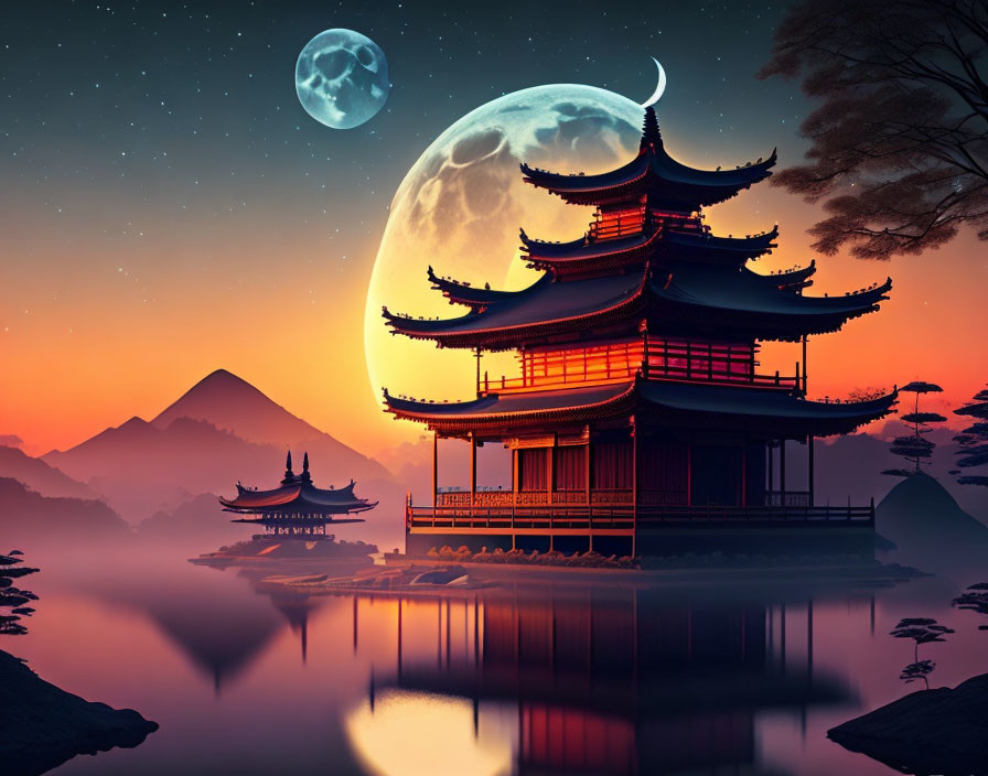 Traditional Asian Pagodas Reflecting in Lake Under Moonlit Sky