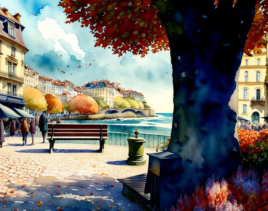 Serene lakeside promenade with autumnal trees and classic architecture