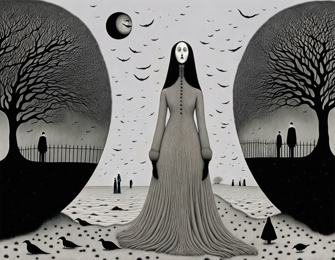 Surreal black and white illustration of long-dressed figure in desolate landscape