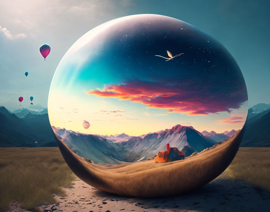 Surreal landscape with giant reflective sphere at sunset