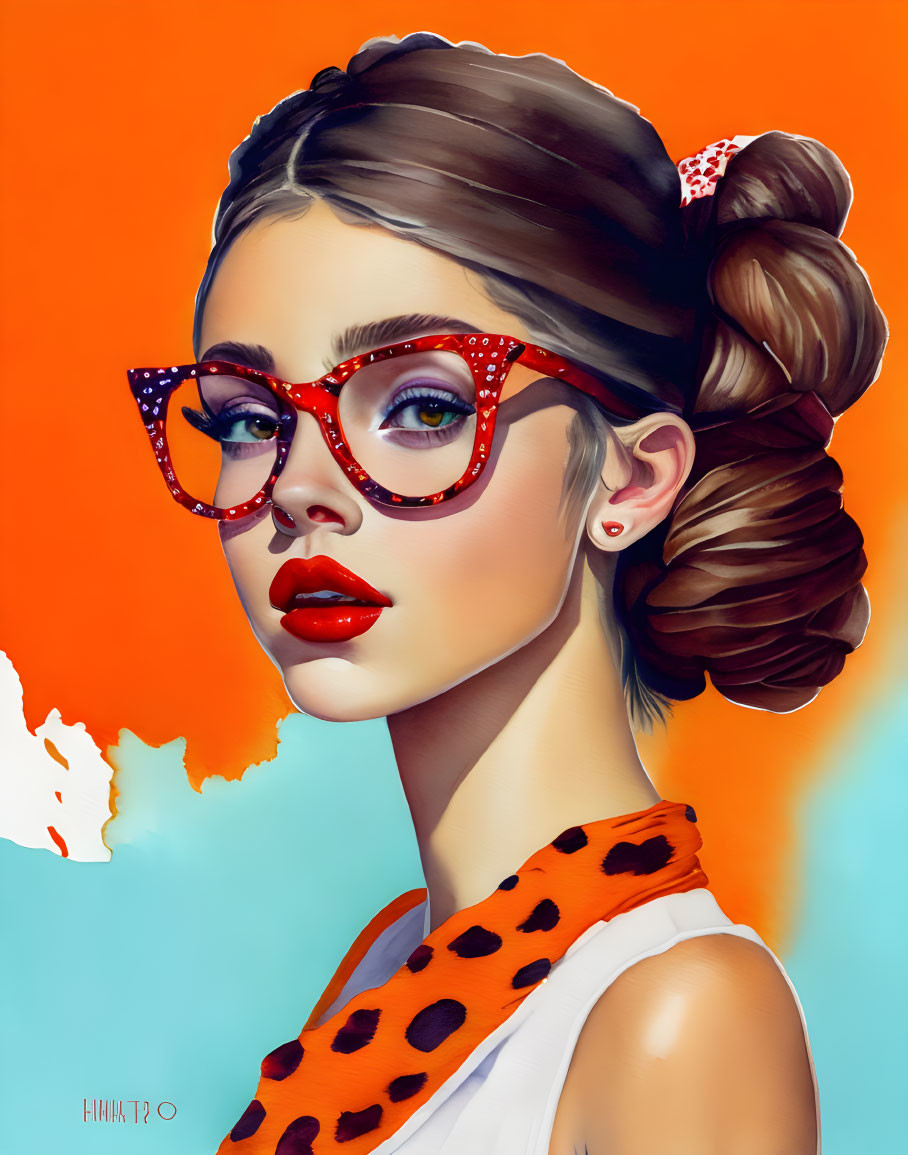 Stylized illustration of young woman with bun and red polka-dot glasses