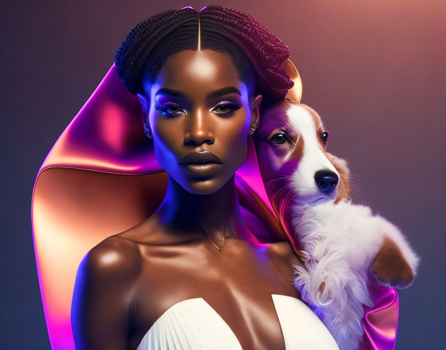 Woman with elegant makeup holding small dog against purple and orange backdrop