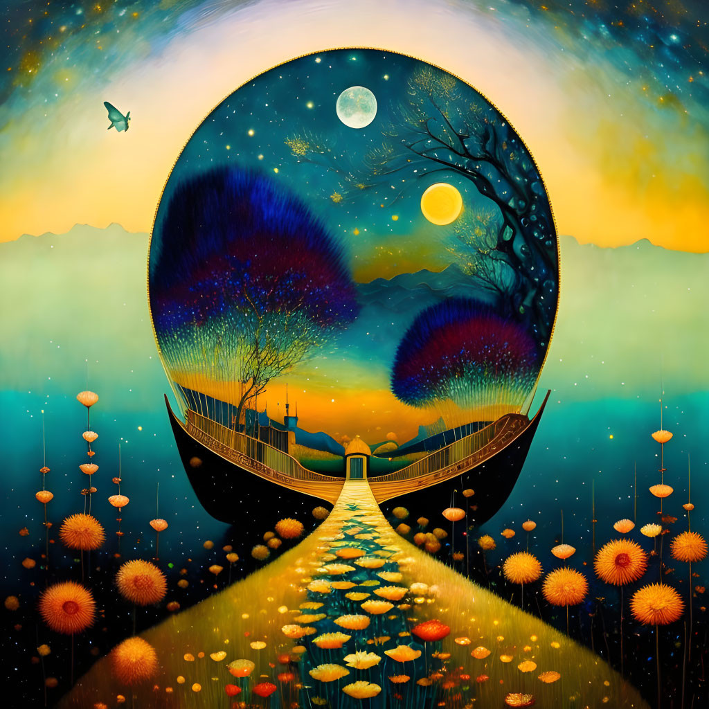 Surreal landscape with circular gate, tree, celestial bodies, and starlit sky.