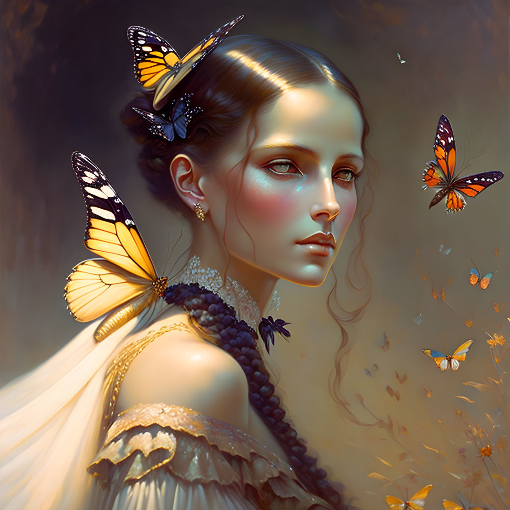 Digital painting of woman with butterflies in warm, earthy tones