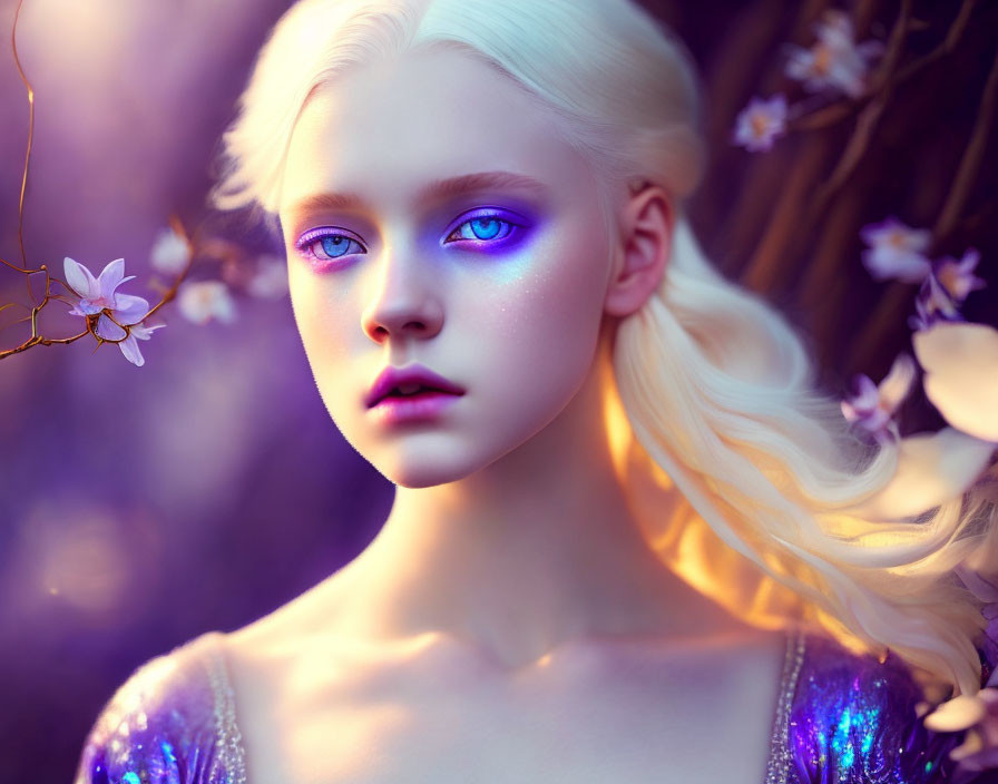 Portrait of a person with pale skin, blue eyes, blonde hair, purple eyeshadow, and