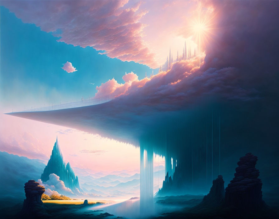 Fantastical landscape with floating island castle under vibrant sunset