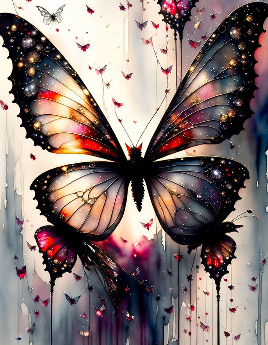 Detailed Butterfly Illustration with Translucent Wings and Floral Elements