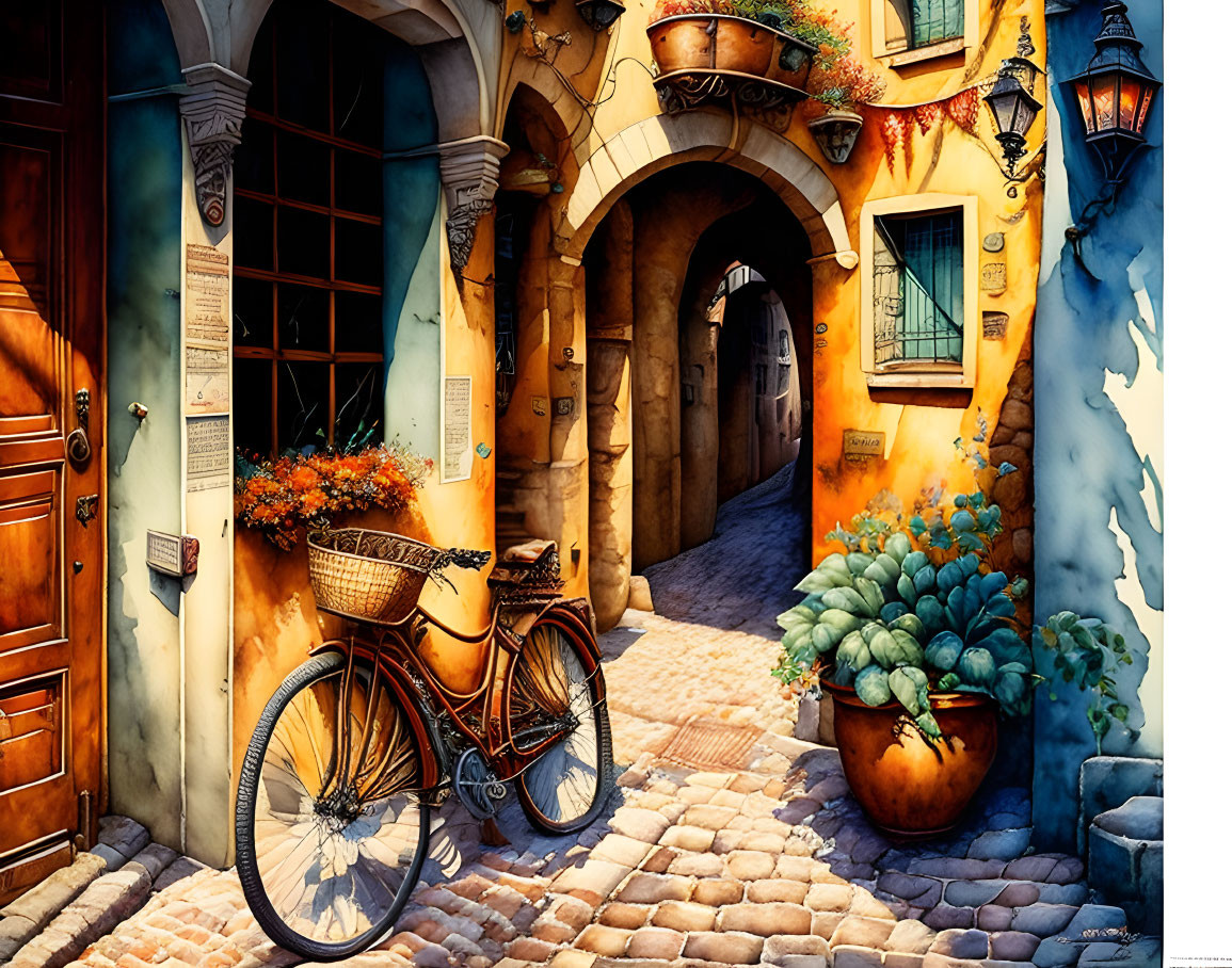 Vintage bicycle in cobblestone alley with blooming flowers and rustic buildings