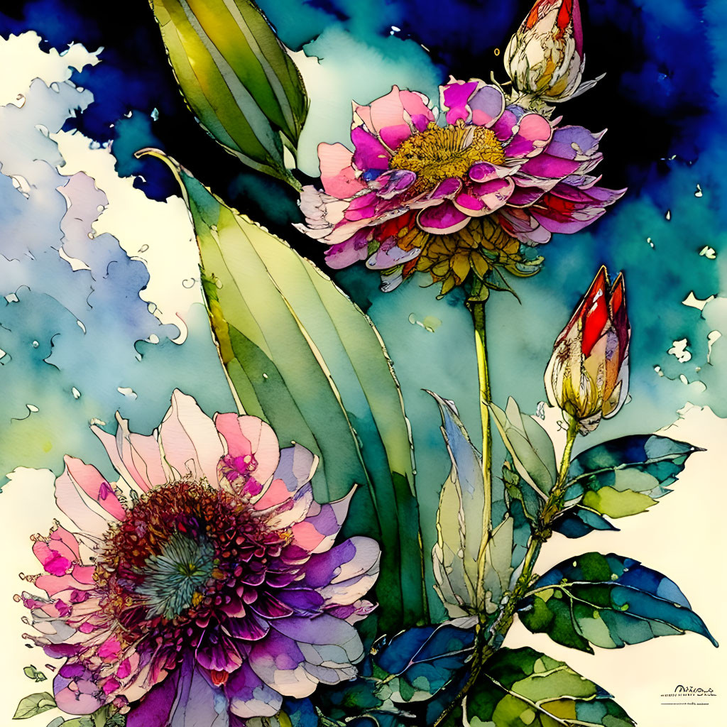 Vivid Watercolor Painting of Blooming Pink Flower