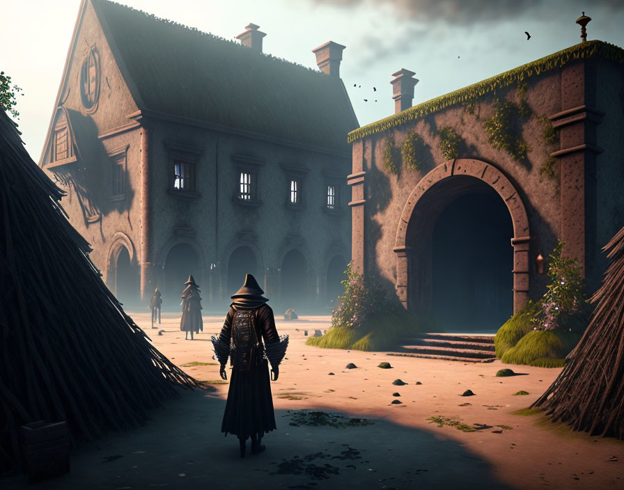 Cloaked figure approaching grand building and thatched huts under dusky sky