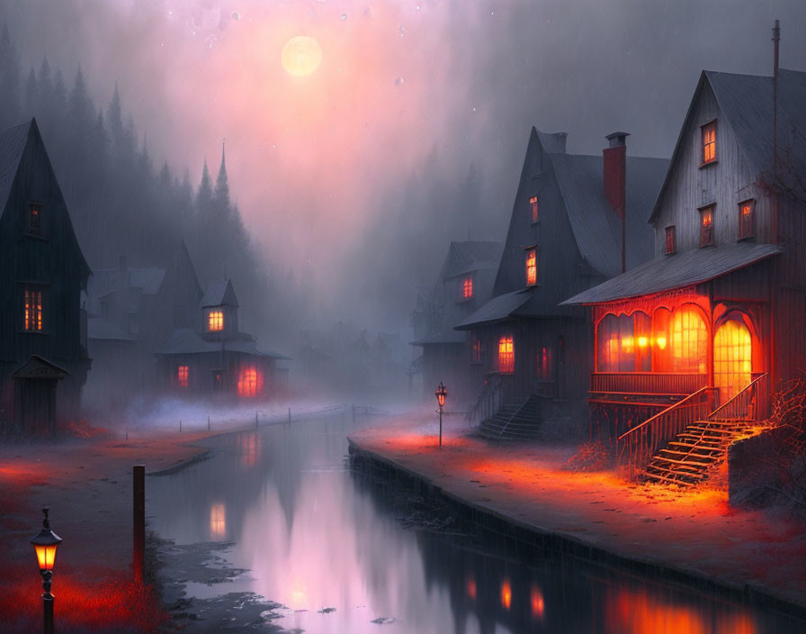 Misty riverside village at night with glowing windows