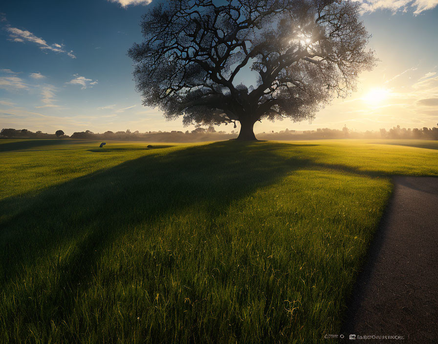 Solitary tree in lush field with walkway at sunset