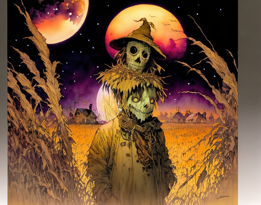 Spooky scarecrow with pumpkin head in night field landscape