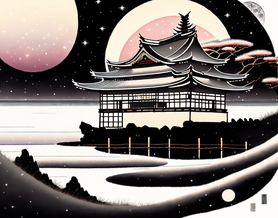 Japanese Pavilion Night Scene with Pink Moon and Cherry Blossoms