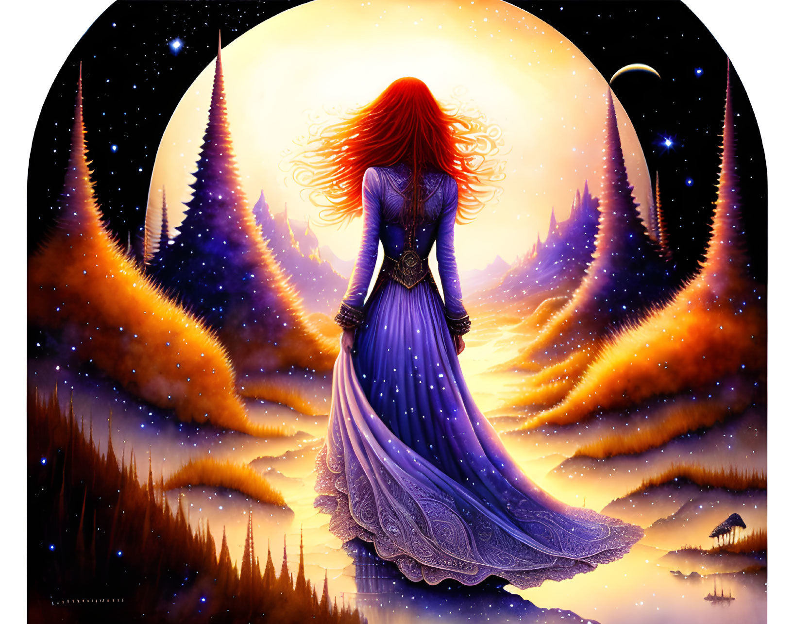 Red-haired woman in fantasy landscape with moon and orange trees