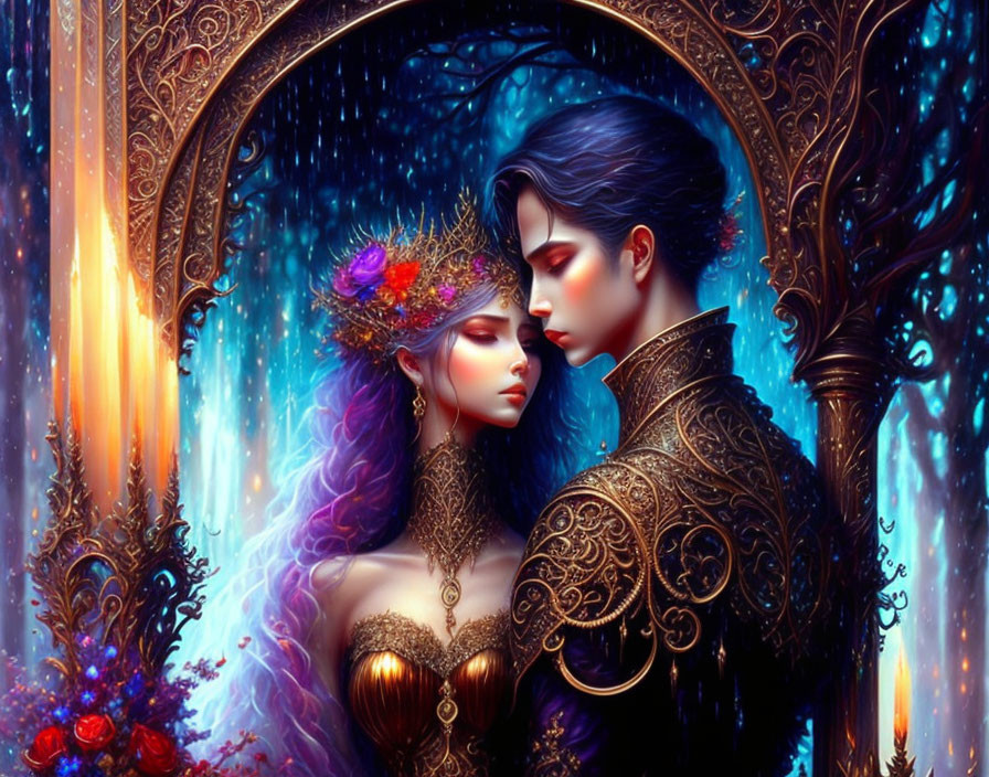 Fantastical royal couple in intricate attire in magical setting