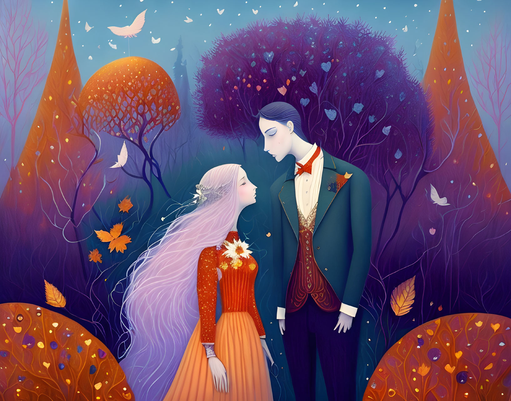 Whimsical autumn forest illustration of a couple sharing an intimate moment