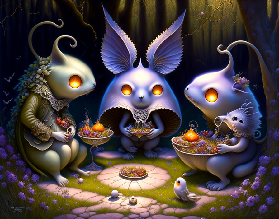 Enchanted forest scene with mice and rabbits creatures enjoying a luminous fruit feast