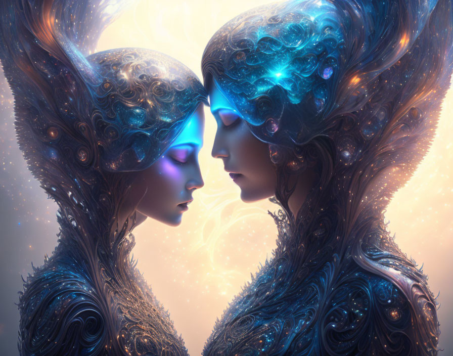 Ethereal beings with ornate headdresses in celestial setting