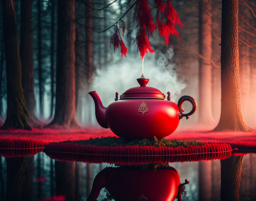 Red Teapot Steaming in Mystical Forest with Ethereal Lighting